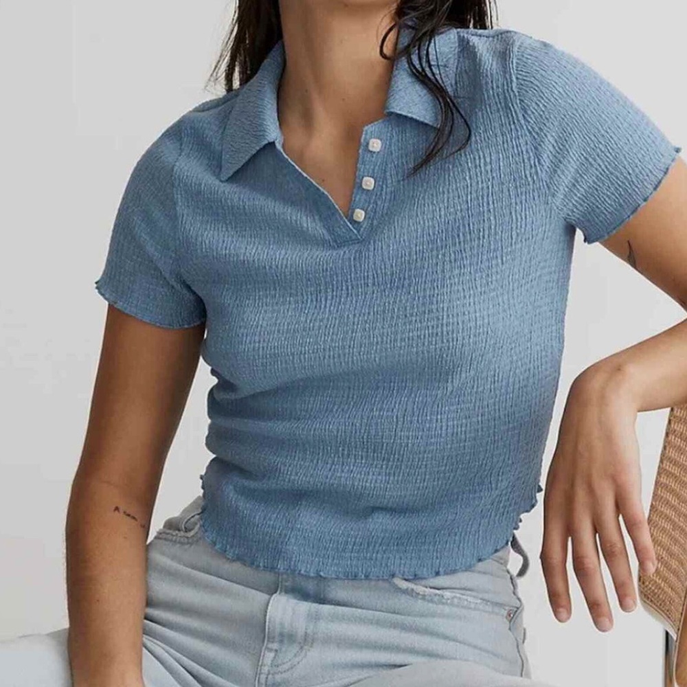 Madewell Blue Crinkle Cropped Polo NWT
